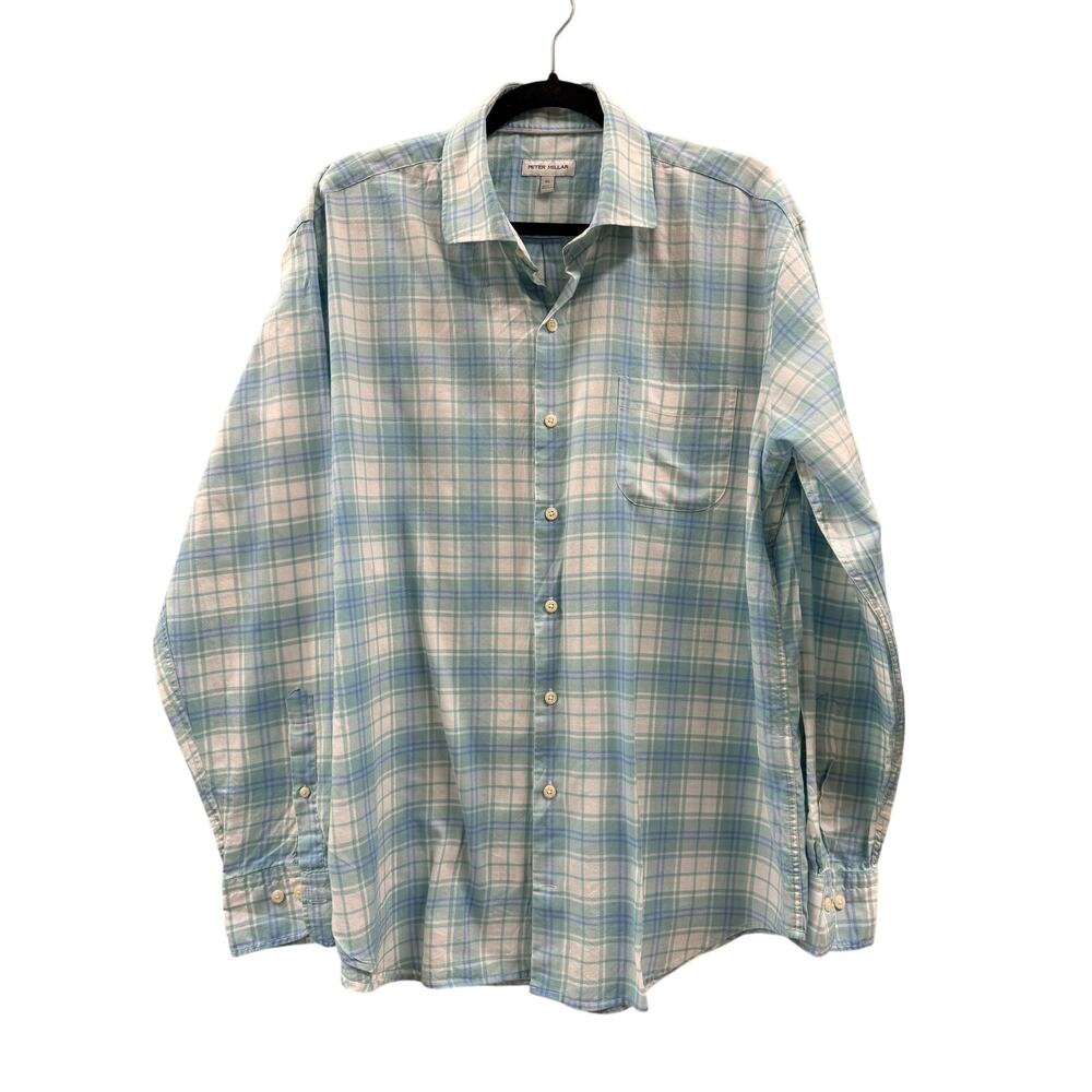 Peter Millar Summer Comfort Button Down Shirt Mens XL Turquoise White Plaid